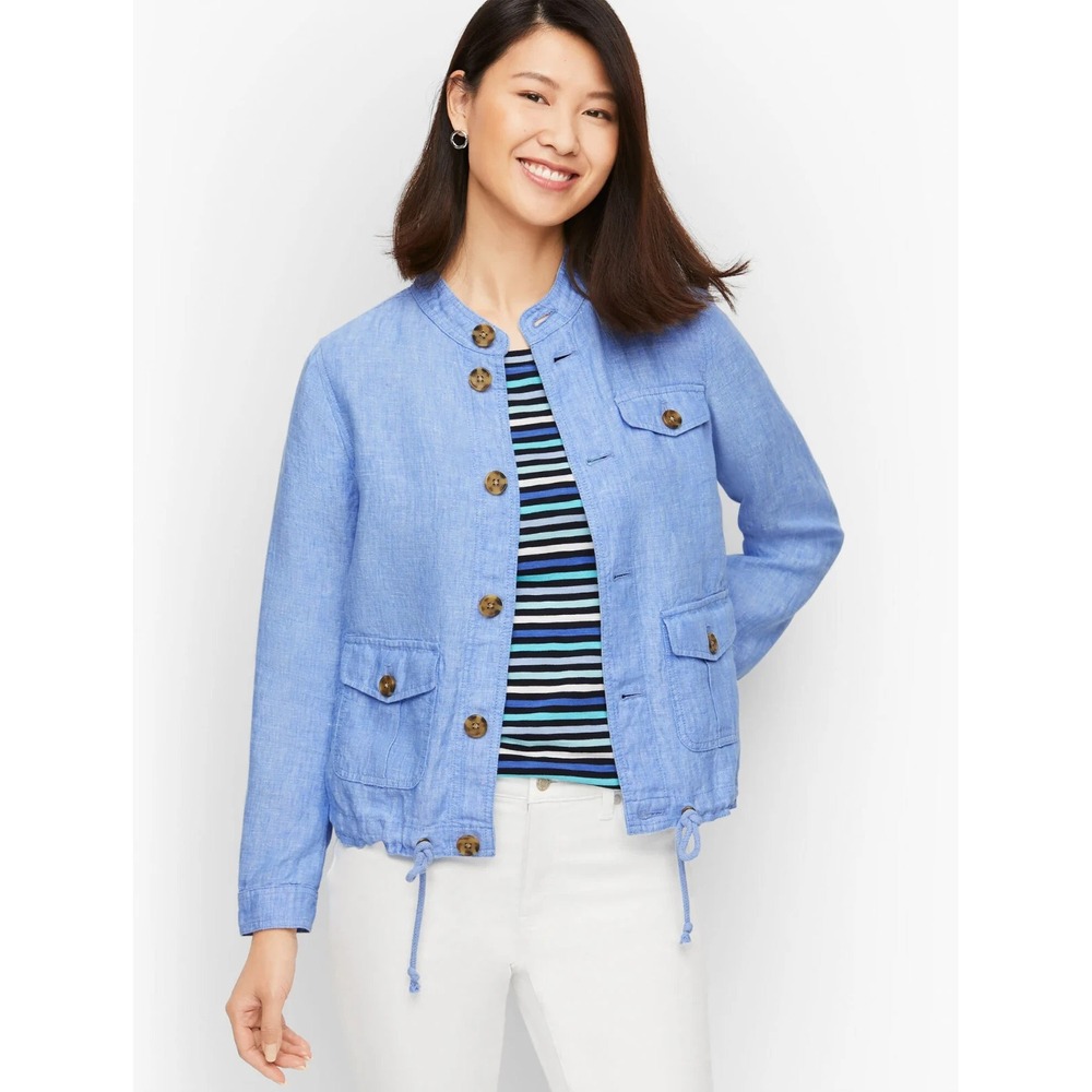 Talbots Utility Jacket Womens M Blue Linen Button Front Lightweight Coastal